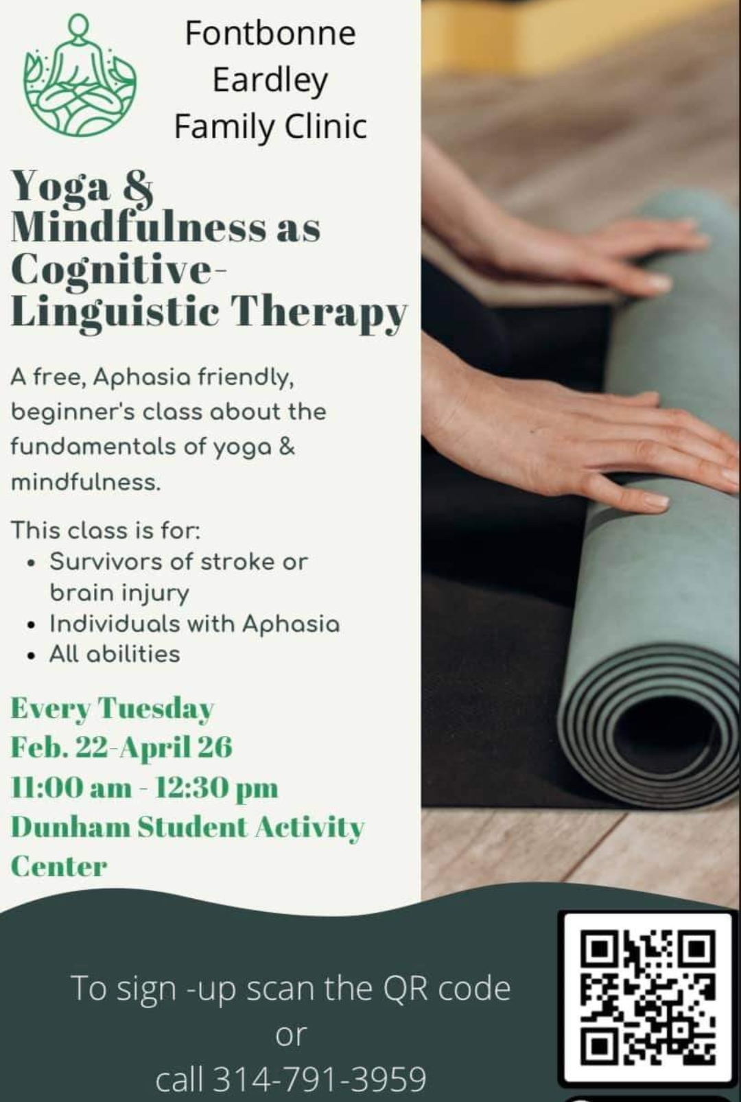 yoga and mindfulness as cognitive linguistic therapy event flyer